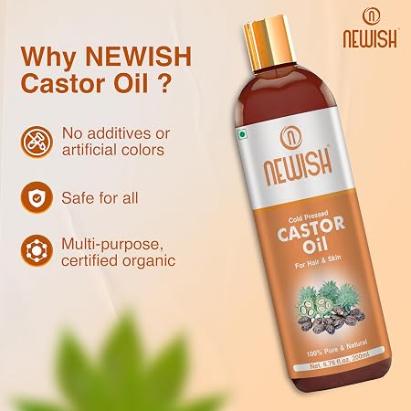 Newish 100% Pure Cold-Pressed Castor Oil (200ml - Pack of 2) – Hexane-Free Multipurpose Ayurvedic Oil for Hair Growth, Beard, Lashes, Brows & Cracked Heel Repair
