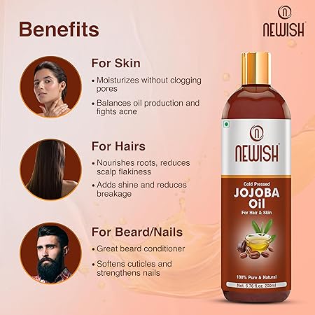 Newish 100% Pure Cold-Pressed Jojoba Oil (200ml - Pack of 2) – Unrefined Simmondsia Chinensis Oil for Hair Growth, Frizz Control & Radiant Skin Hydration