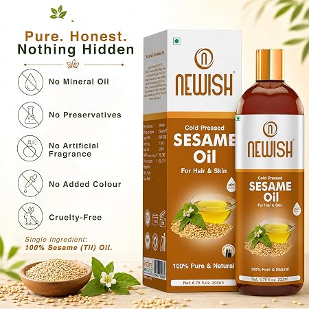 Newish 100% Pure Cold-Pressed Sesame Oil (200ml) with Scalp Applicator – Til Oil for Hair Growth, Taming Frizz & Non-Greasy Skin Hydration