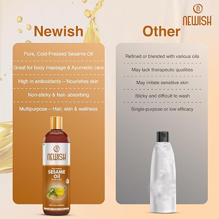 Newish 100% Pure Cold-Pressed Sesame Oil (200ml - Pack of 2) – Unrefined Til Oil for Hair Growth, Body Massage & Deep Skin Hydration