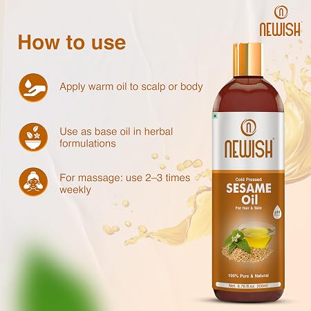 Newish 100% Pure Cold-Pressed Sesame Oil (200ml - Pack of 2) – Unrefined Til Oil for Hair Growth, Body Massage & Deep Skin Hydration