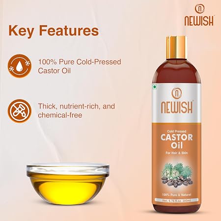 Newish 100% Pure Cold-Pressed Castor Oil (200ml - Pack of 2) – Hexane-Free Multipurpose Ayurvedic Oil for Hair Growth, Beard, Lashes, Brows & Cracked Heel Repair