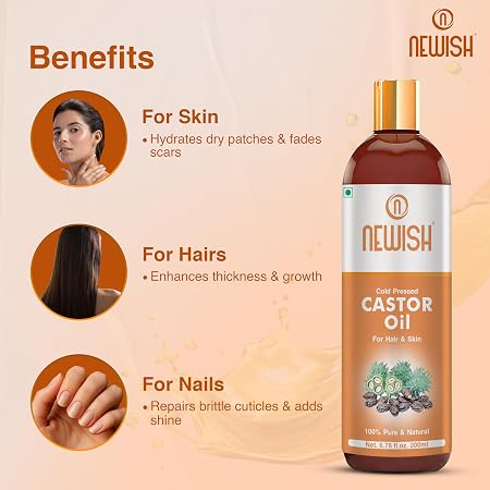 Newish 100% Pure Cold-Pressed Castor Oil (200ml - Pack of 2) – Hexane-Free Multipurpose Ayurvedic Oil for Hair Growth, Beard, Lashes, Brows & Cracked Heel Repair
