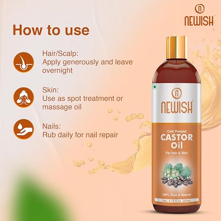 Newish 100% Pure Cold-Pressed Castor Oil (200ml - Pack of 2) – Hexane-Free Multipurpose Ayurvedic Oil for Hair Growth, Beard, Lashes, Brows & Cracked Heel Repair