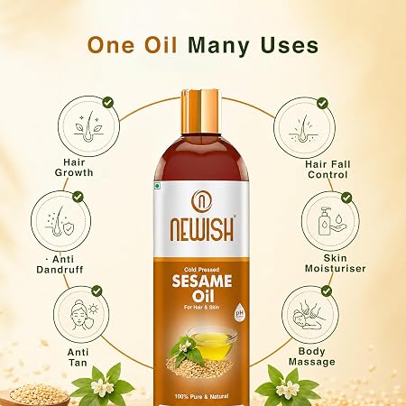 Newish 100% Pure Cold-Pressed Sesame Oil (200ml) with Scalp Applicator – Til Oil for Hair Growth, Taming Frizz & Non-Greasy Skin Hydration