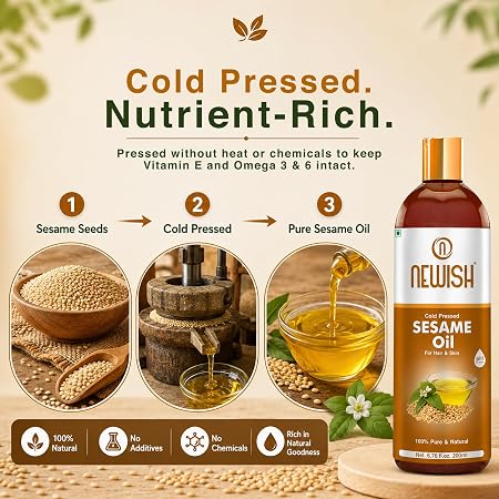 Newish 100% Pure Cold-Pressed Sesame Oil (200ml) with Scalp Applicator – Til Oil for Hair Growth, Taming Frizz & Non-Greasy Skin Hydration