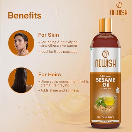 Newish 100% Pure Cold-Pressed Sesame Oil (200ml - Pack of 2) – Unrefined Til Oil for Hair Growth, Body Massage & Deep Skin Hydration