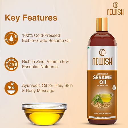 Newish 100% Pure Cold-Pressed Sesame Oil (200ml - Pack of 2) – Unrefined Til Oil for Hair Growth, Body Massage & Deep Skin Hydration