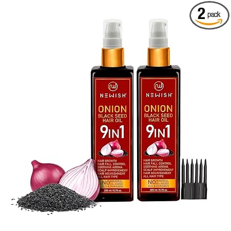 Newish Onion Black Seed Hair Oil (200ml - Pack of 2) – Cold-Pressed Kalonji Oil with Built-in Applicator Comb for Hair Growth & Hair Fall Control