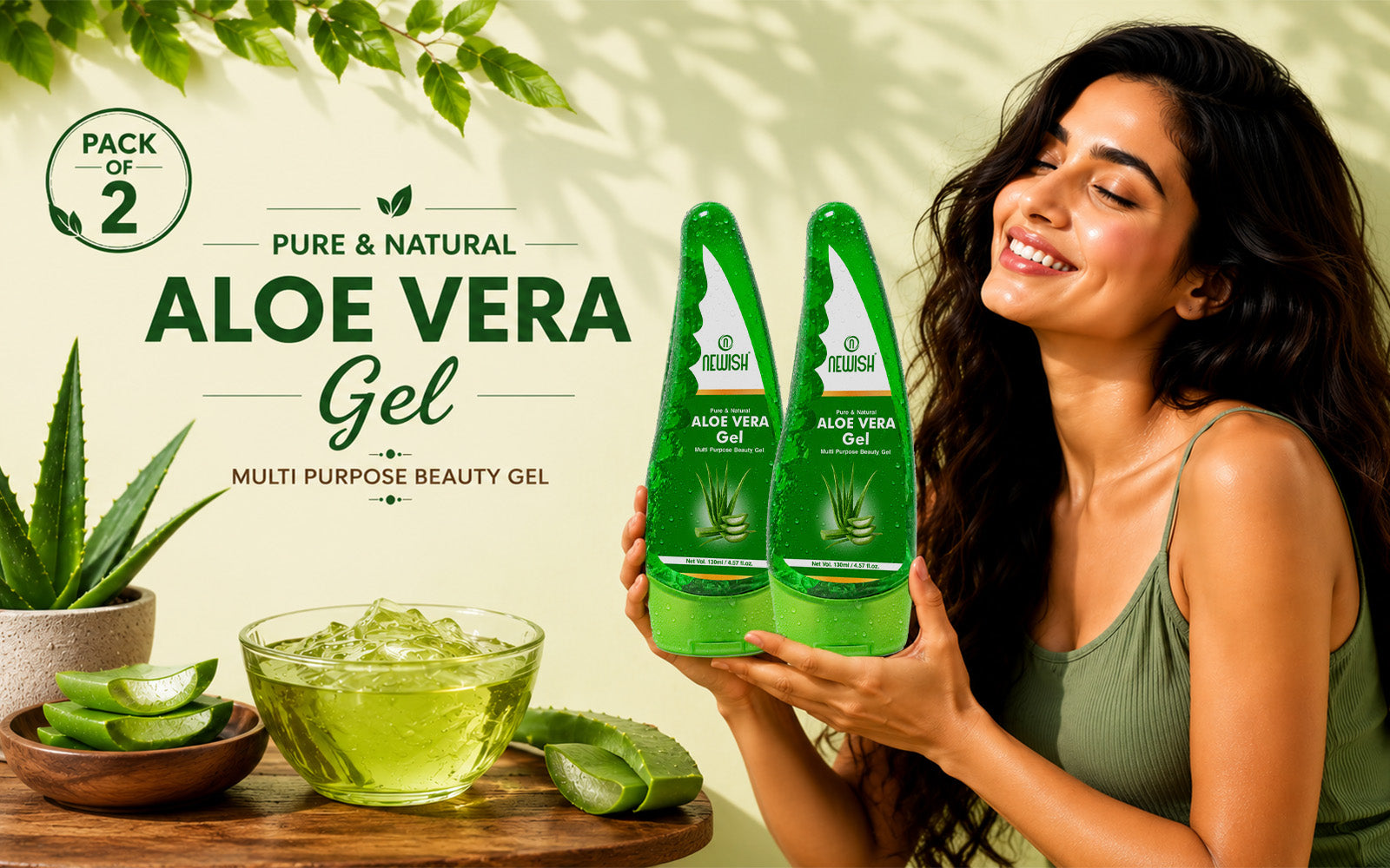 Newish Pure Organic Aloe Vera Gel 130ml – Natural Hydration for Face, Skin & Hair | Soothing, Nourishing & Hair Growth Support | Men & Women | Pack of 2