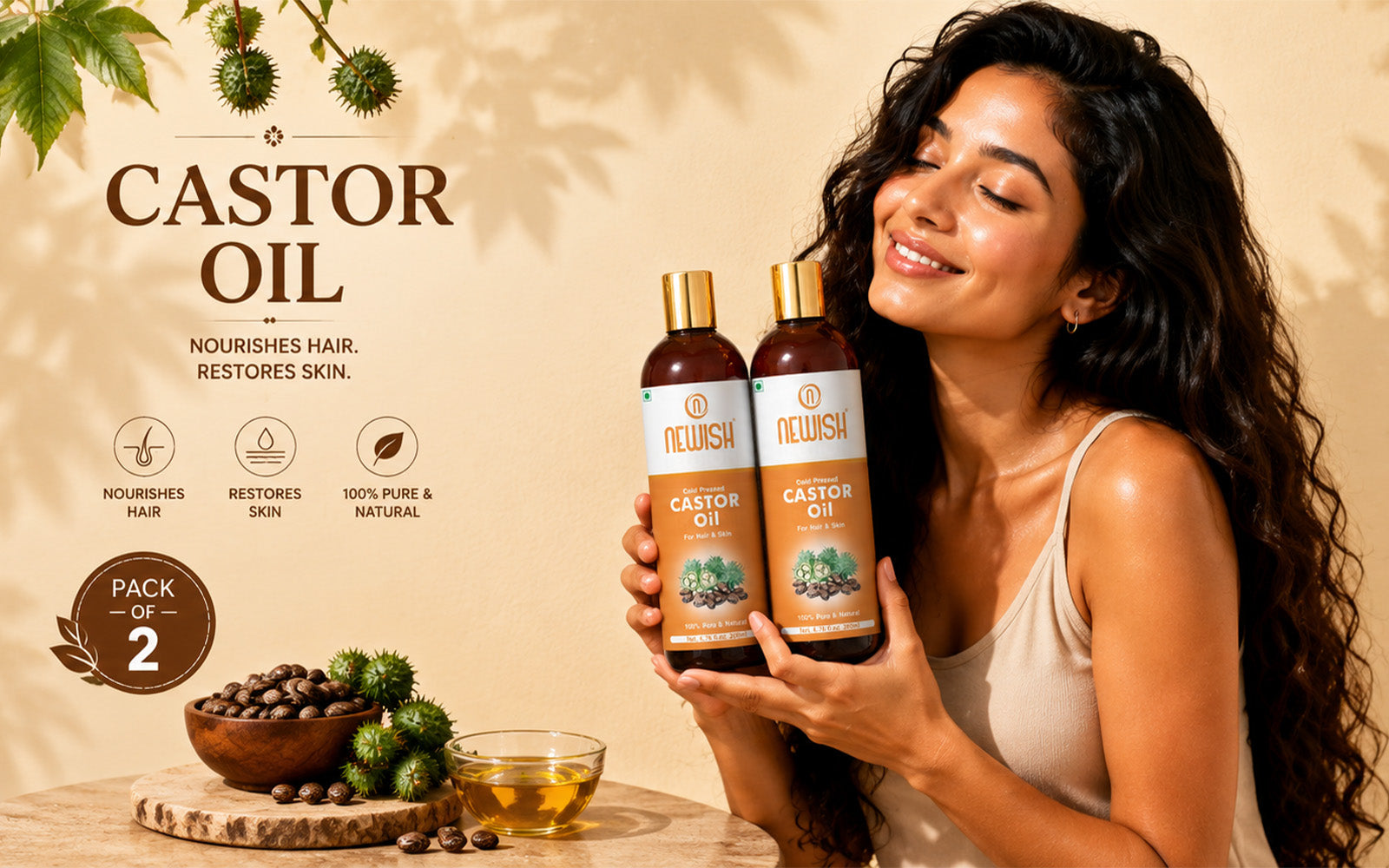 Newish Cold Pressed Castor Oil for Hair, Skin & Scalp – Pack of 2